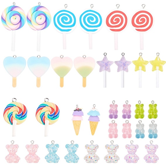 Resin Pendants, with Platinum Tone Iron Loop, Mixed Shapes