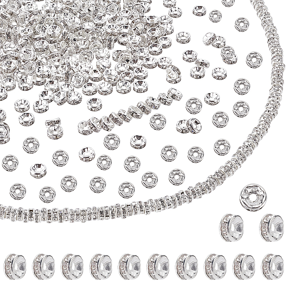 Brass Rhinestone Spacer Beads, Grade A, Straight Flange, Silver Color Plated, Rondelle