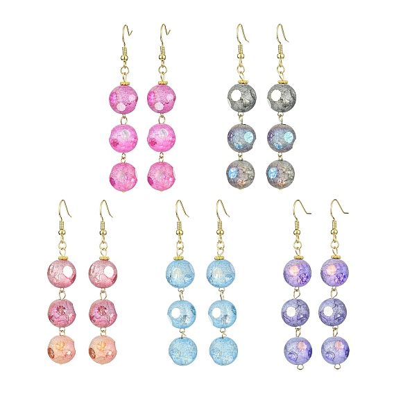 Triple Glass Cube Beads Dangle Earrings, Long Drop Earrings for Women