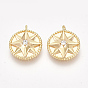 Brass Charms, Nickel Free, Real 18K Gold Plated, with Cubic Zirconia, Flat Round with Star, Clear