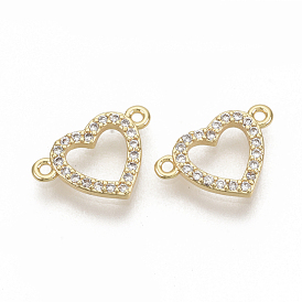 Brass Micro Pave Cubic Zirconia Links/Connectors, Nickel Free, Heart, Real 18K Gold Plated