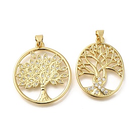 Rack Plating Brass with Cubic Zirconia Pendants, Long-Lasting Plated, Lead Free & Cadmium Free, Tree of Life Charms