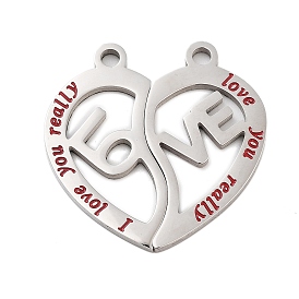 304 Stainless Steel Split Pendants, Love Heart with Word I Love You Really Charm