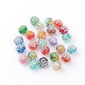 Plating Acrylic Beads, Metal Enlaced, Round with Flower