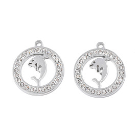 304 Stainless Steel Pendants, with Crystal Rhinestone, Ring with Dolphin
