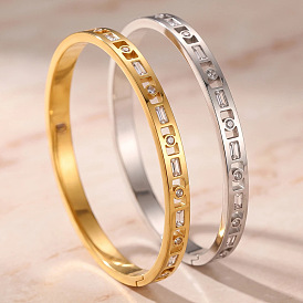 304 Stainless Steel Pave Clear Cubic Zirconia Hollow Rectangle Hinged Cuff Bangles for Women