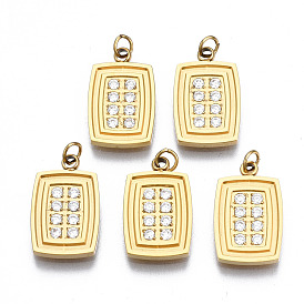 316 Surgical Stainless Steel Charms, with Micro Pave Clear Cubic Zirconia and Jump Rings, Rectangle