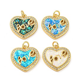 Valentine's Day Heart with Word Love Brass Micro Pave Cubic Zirconia, Synthetic Opal Pendants, with Jump Rings, Real 18K Gold Plated