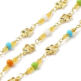 Handmade Eco-friendly Brass Butterfly Link Chain, with Glass Beaded, Long-Lasting Plated, Golden, Soldered, with Spool