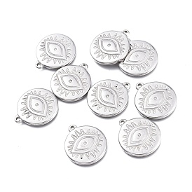 304 Stainless Steel Pendants, Flat Round with Evil Eye