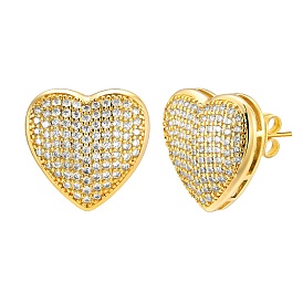 Brass Micro Pave Clear Cubic Zirconia Stud Earrings, for Women, Heart