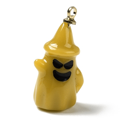 Halloween Theme Opaque Resin Pendants, with Light Gold Tone Alloy Findings, Ghost with Hat