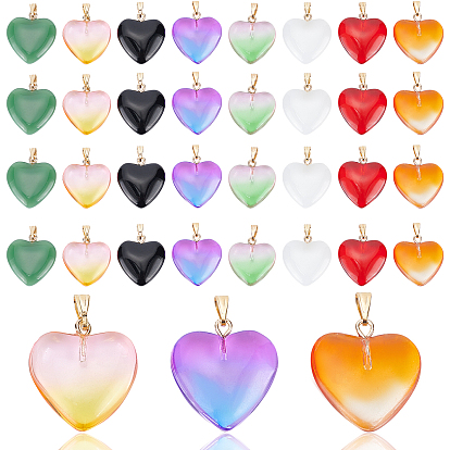 32Pcs 8 Colors  Two Tone/Transparent Spray Painted Glass Pendants, with Golden Plated Iron Bails, Heart