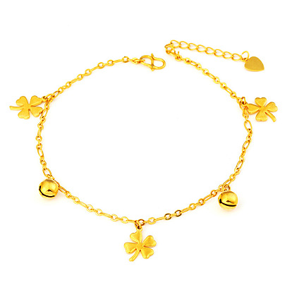 Brass Clover & Bell Charms Anklet with Cable Chains for Women