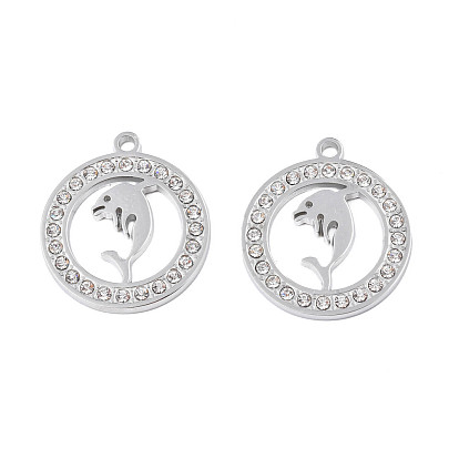 304 Stainless Steel Pendants, with Crystal Rhinestone, Ring with Dolphin