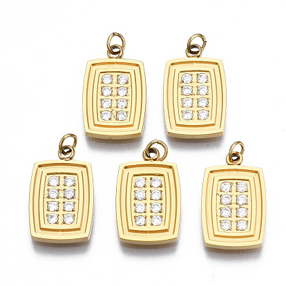 316 Surgical Stainless Steel Charms, with Micro Pave Clear Cubic Zirconia and Jump Rings, Rectangle