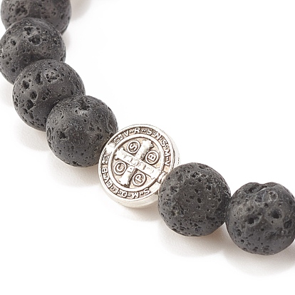 Natural Lava Rock Stretch Bracelet with Alloy Cross Coin, Essential Oil Gemstone Jewelry for Women