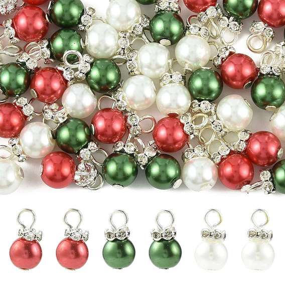 60Pcs 3 Colors Christmas Glass Pearl Pendants, Round, with Silver Iron Loop