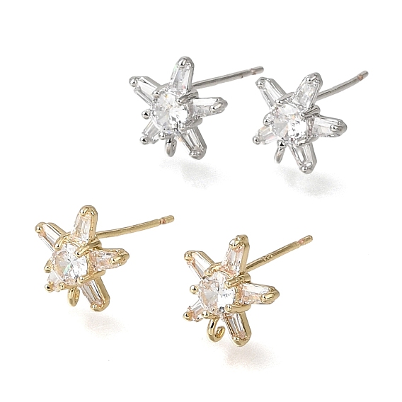 Brass Pave Cubic Zirconia Stud Earring Findings, Star, with Loop