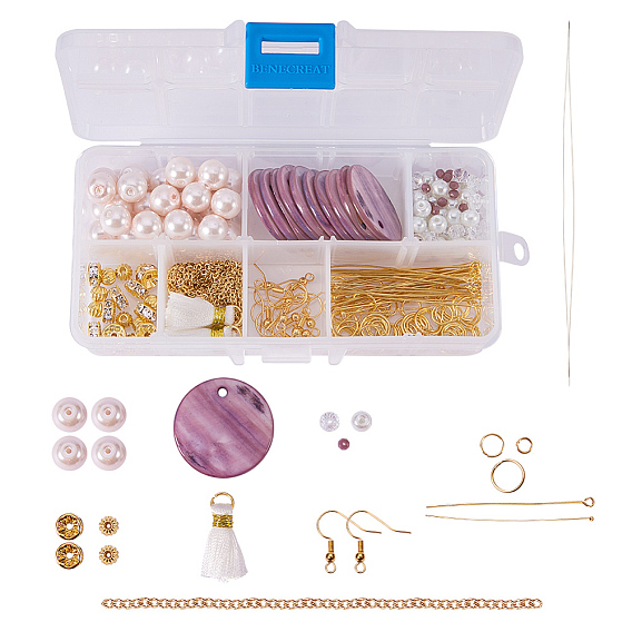 Dyed Natural Flat Round Shell Earring Making, with Iron Spacer Beads, Brass Earring Hook, Nylon Tassel Pendant