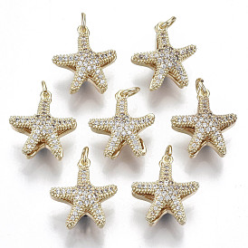 Brass Micro Pave Clear Cubic Zirconia Pendants, with Loop, Star, Nickel Free, Real 18K Gold Plated