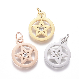 316 Surgical Stainless Steel Charms, with Micro Pave Cubic Zirconia and Jump Ring, Long-Lasting Plated, Pentacle