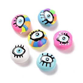 Enamel Beads, with ABS Plastic Imitation Pearl Inside, Oval with Evil Eye