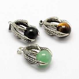 Vintage Natural Bezel Gemstone Pendants, with Antique Silver Plated Alloy Findings, Animal Claw with Round Beads