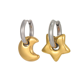 Два тона 304 из нержавеющей стали серьги обруча, Луна и звезды, ионное покрытие (ip), слева и справа