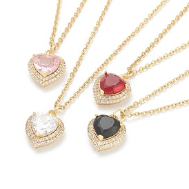 Brass Micro Pave Cubic Zirconia Pendant Necklaces, with Rhinestone and 304 Stainless Steel Cable Chains, Heart, Golden