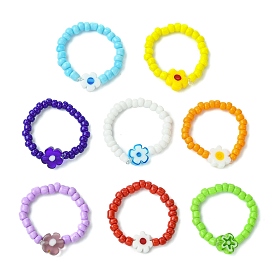 Glass Seed Beads Stretch Rings, Flower Handmade Millefiori Glass for Women