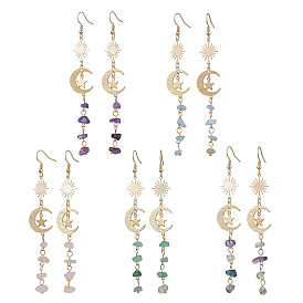 Gemstone Moon Dangle Earrings, with 304 Stainless Steel Earring Hooks