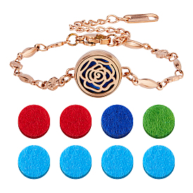 1набор 1цветов браслеты из нержавеющей стали с овальными звеньями, браслеты с диффузором эфирных масел для женщин, плоский круг с розовым кустом, с парфюмерными подушечками