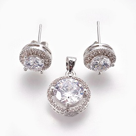 Brass Micro Pave Cubic Zirconia Jewelry Sets, Pendants and Stud Earrings, Flat Round