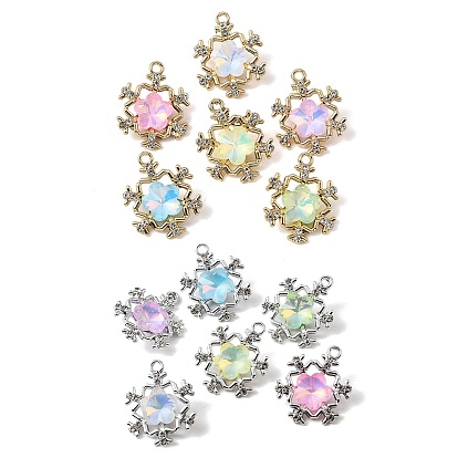 UV Plating Alloy Glass Pendants, Snowflake Charm, with Rhinestone, Faceted, Mixed Color