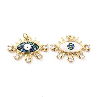 Natural Shell Pendants, with Clear Cubic Zirconia and Golden Brass Findings, Long-Lasting Plated, Eye