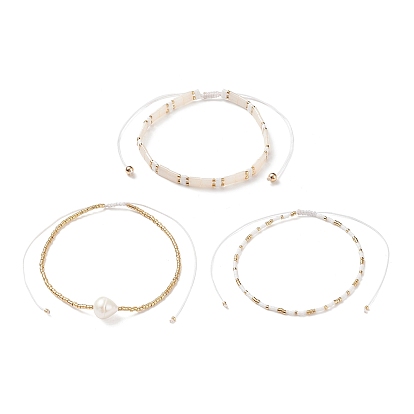 3Pcs 3 Style Natural Pearl & Glass Seed Beaded Stretch Bracelets Set for Women