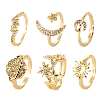 6Pcs 6 Styles Brass Micro Pave Clear Cubic Zirconia Cuff Rings, Open Rings, Long-Lasting Plated, Lightning Bolt & Star with Moon & Star & Planet & Sun