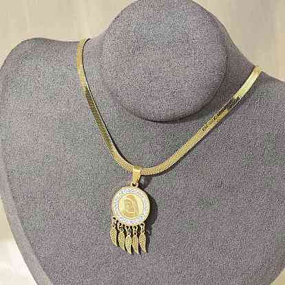 201 ожерелья из нержавеющей стали с плоским круглым кубическим цирконием и подвеской в виде пера