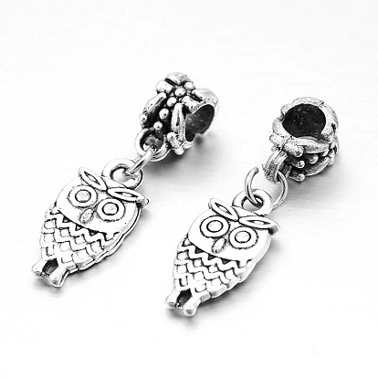 Large Hole Owl Alloy European Dangle Charms, 30mm, Hole: 4.5mm