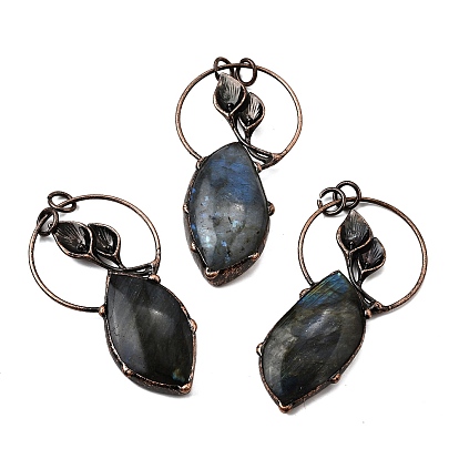 Кольцо из натурального лабрадорита с перьями и большими подвесками в виде листьев, с латунной, Красная медь