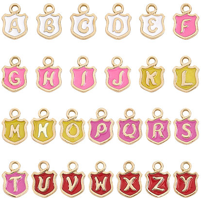 52 Stück 26 Stile Legierung Emaille Charms, cadmiumfrei und bleifrei, Token mit Anfangsbuchstaben, Licht Gold