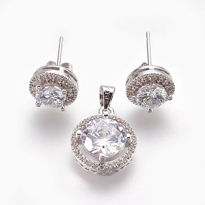Brass Micro Pave Cubic Zirconia Jewelry Sets, Pendants and Stud Earrings, Flat Round