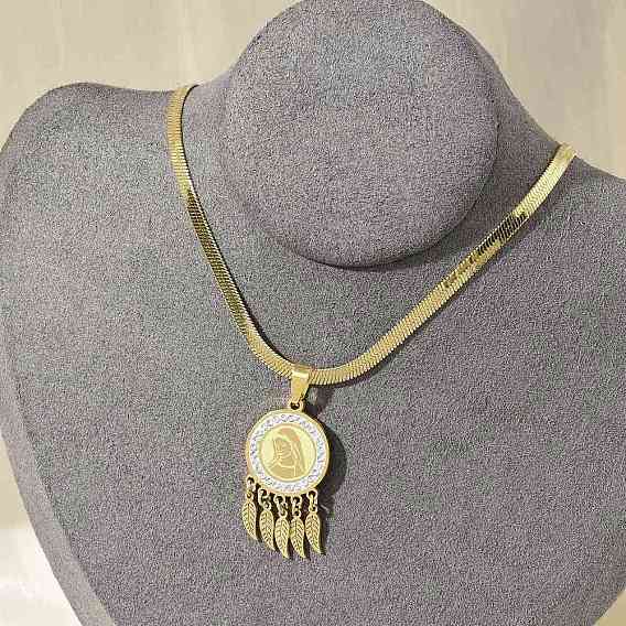 201 ожерелья из нержавеющей стали с плоским круглым кубическим цирконием и подвеской в виде пера