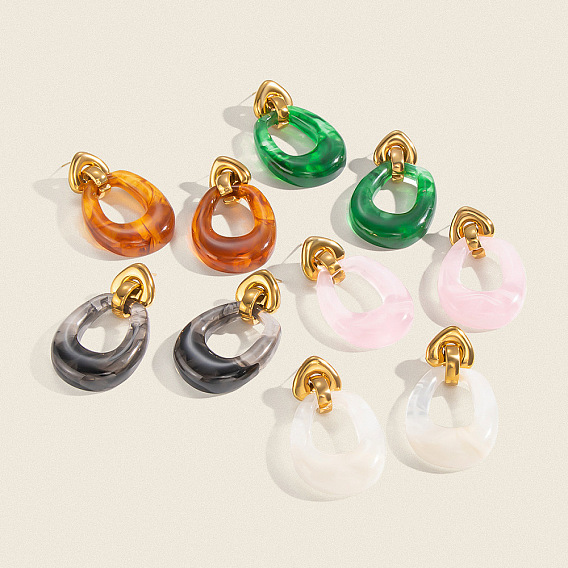 304 Stainless Steel Stud Dangle Earrings for Women, with Resin, Nuggets, Real 18K Gold Plated