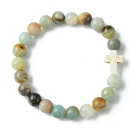 8mm Round Natural Flower Amazonite Beaded Stretch Bracelets, Synthetic Turquoise Cross Bracelets for Women