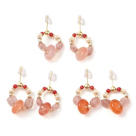 Natural Agate & Strawberry Quartz & Synthetic Coral Dangle Earrings, Brass Pearl Stud Earrings for Women