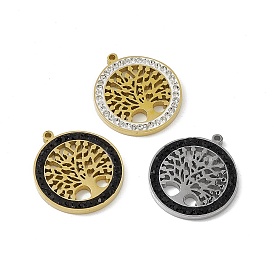 Vacuum Plating 201 Stainless Steel Rhinestone Pendants, Flat Round with Tree of Life Pattern Charms