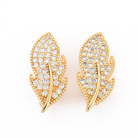 Brass Micro Pave Clear Cubic Zirconia Twister Clasps, Nickel Free, Leaf