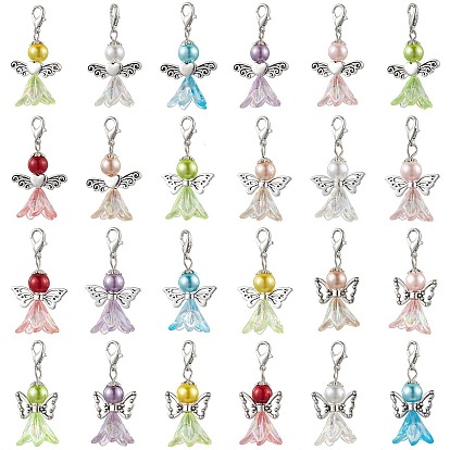 24pcs 24 couleurs décoration pendentif ange acrylique, Fermoirs à griffes de homard en alliage, breloques pour ornements de sacs
